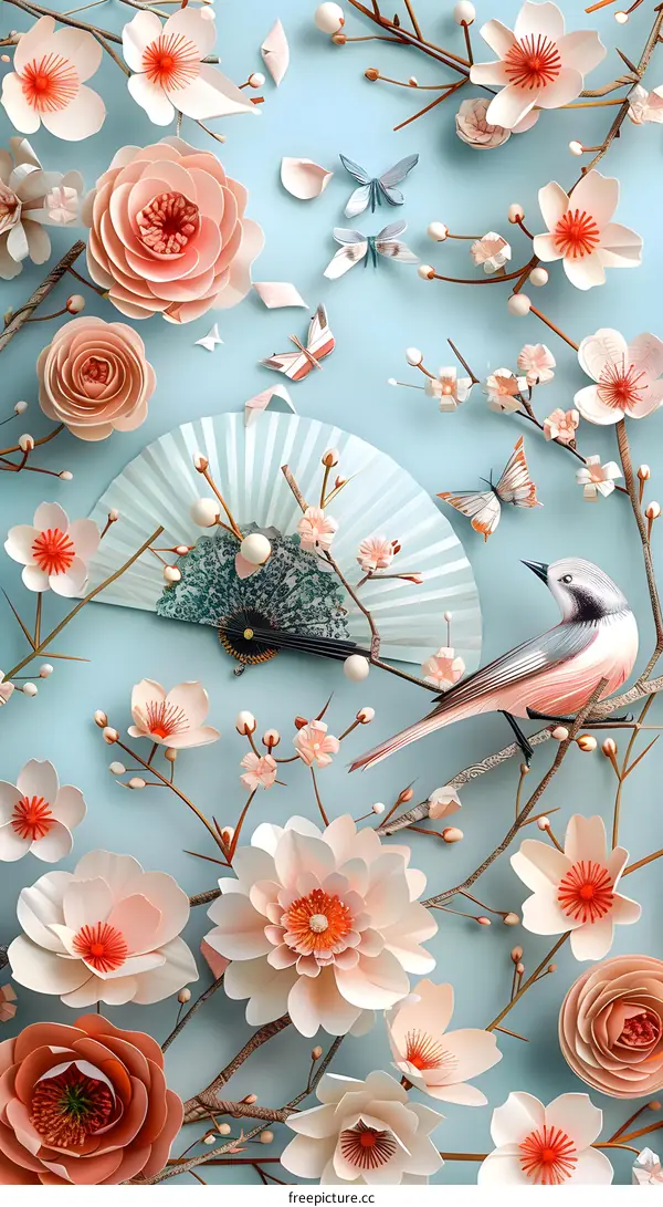 A delicate paper illustration of flowers, butterflies, and a bird