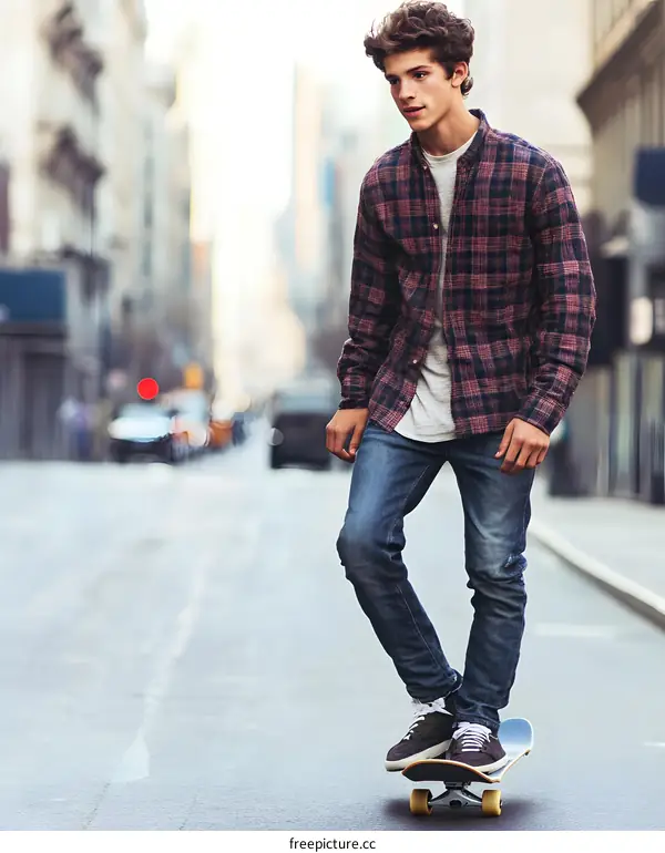 Young Man Skateboarding on City Street