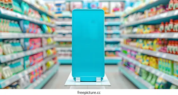 Blue Mockup Display In Supermarket Aisle