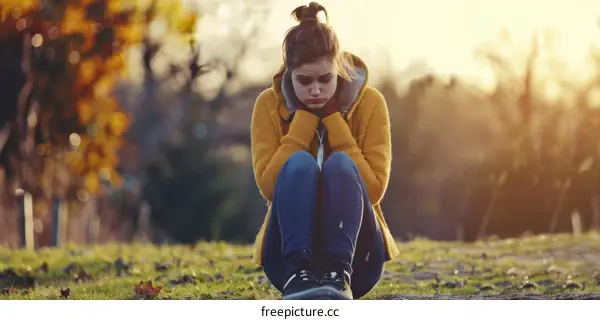 Lonely teenage girl sitting on the ground outdoors