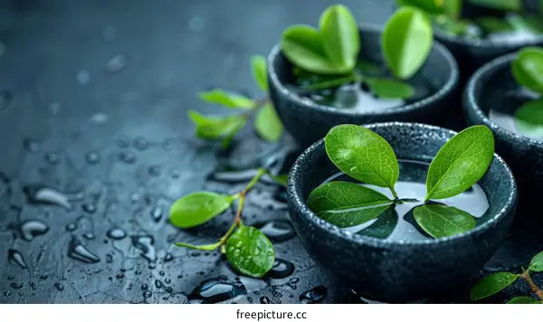 Green Leaves in Water Bowls on Black Background