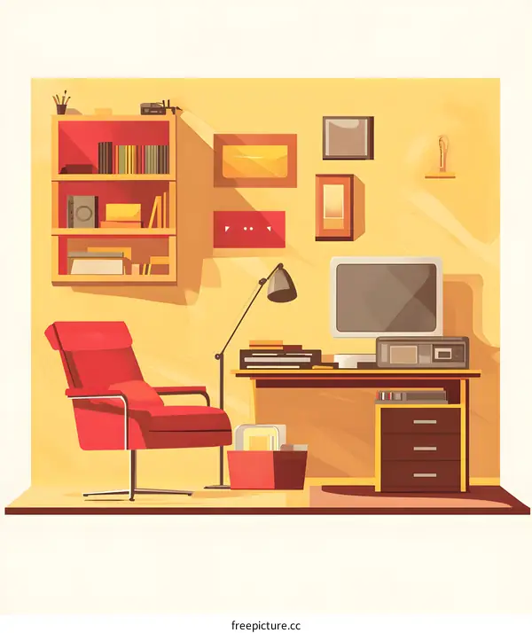 Home Office Illustration With Desk Chair And Bookshelf