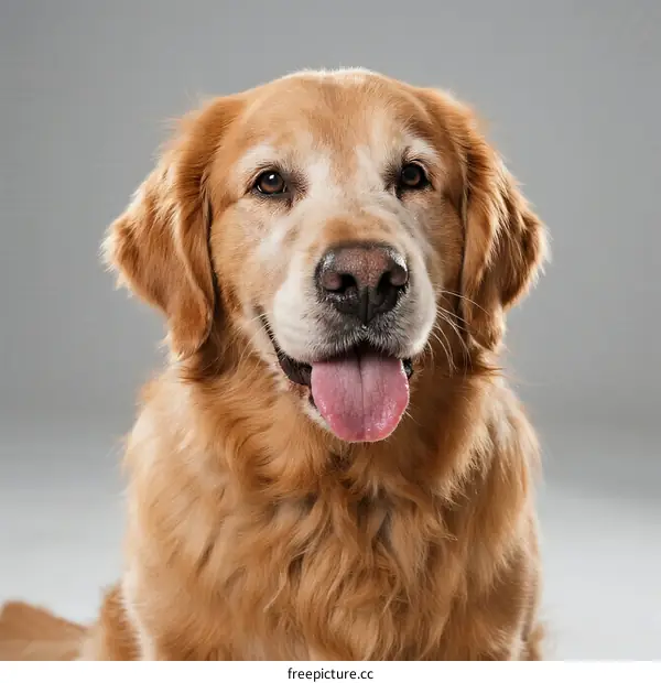 A golden retriever with a friendly expression and tongue out