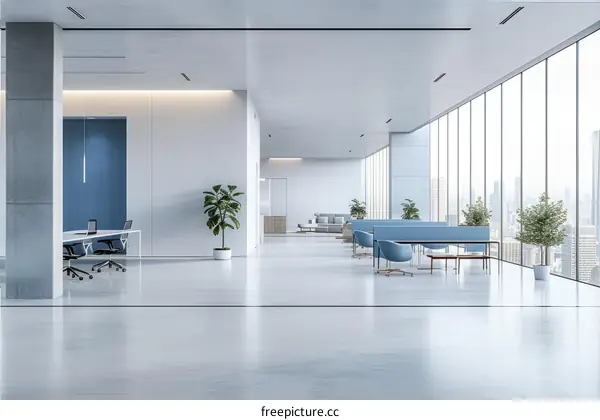 Modern bright office interior with large windows and blue armchairs