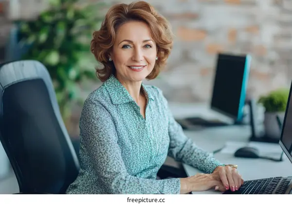 Smiling Mature Woman Working at a Desk