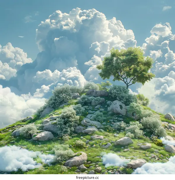 A Verdant Hilltop with a Single Majestic Tree and White Clouds
