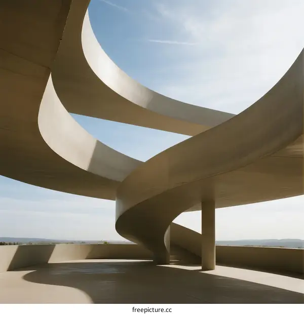 Curved Concrete Structure with Spiral Design Against Sky