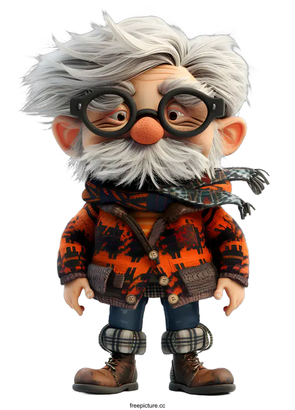 [Transparent Background PNG]Cartoon Illustration of a Senior Man with Glasses and a Scarf