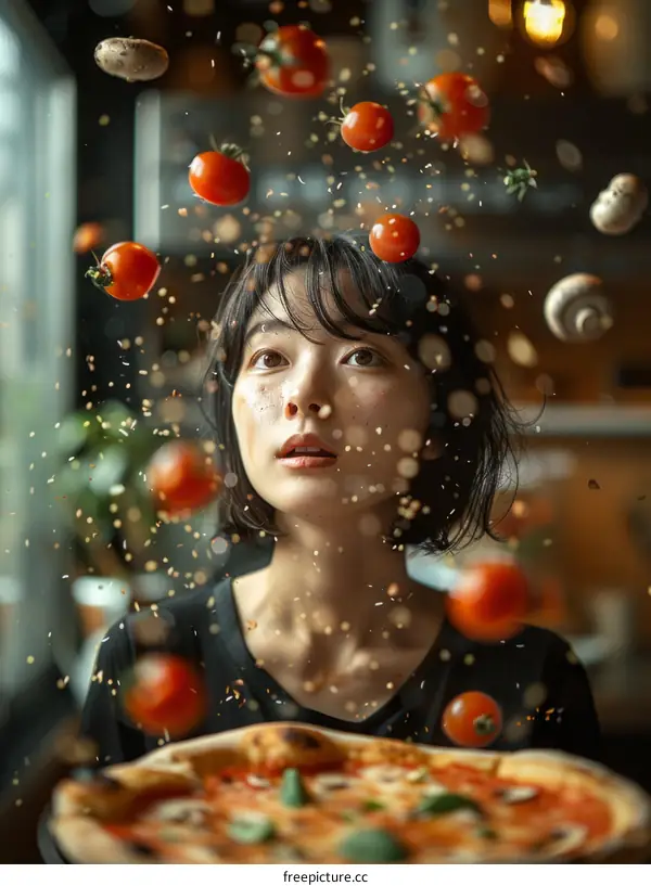 Woman Amazed by Floating Pizza Ingredients