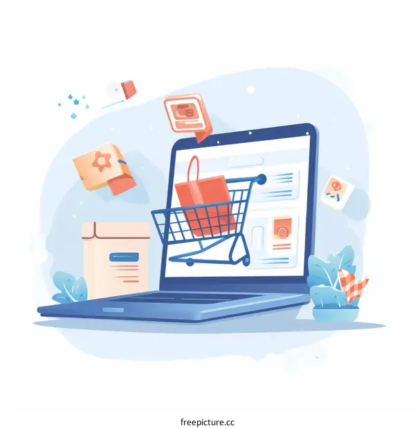Online shopping concept with laptop and shopping cart