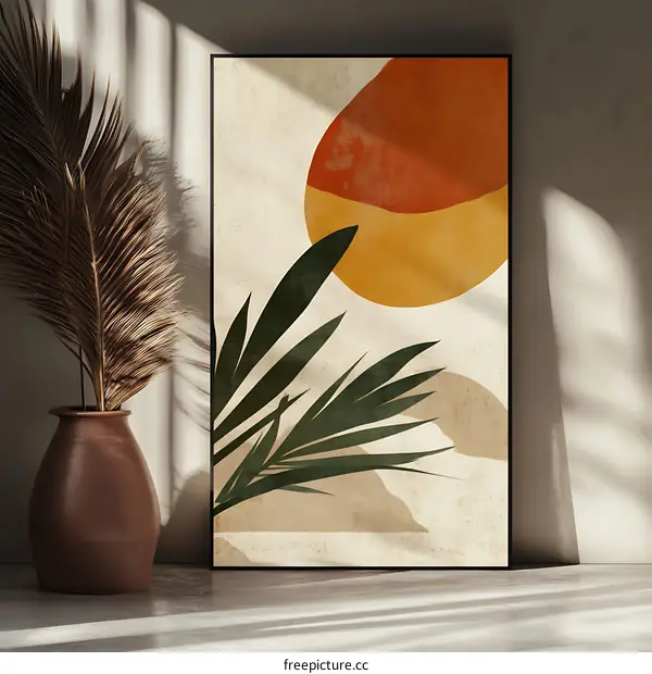 Abstract Minimalist Art Print with Palm Leaves and Sun