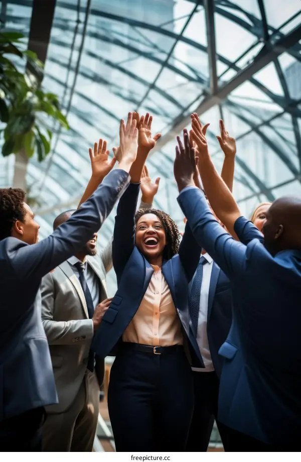 Group of business professionals celebrating their success with a high five