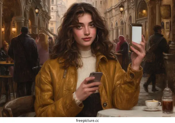 A young woman in a yellow jacket is holding a phone