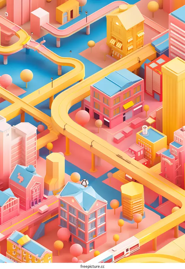 Colorful 3D Illustration of a Cityscape with Buildings and Roads