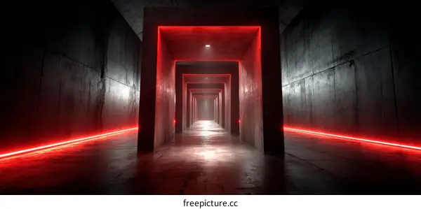 Abstract Futuristic Concrete Corridor with Red Neon Lighting