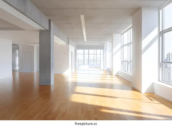 Empty Modern Office Space With Large Windows and City View