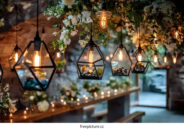 Geometric Hanging Lights with Floral Decorations