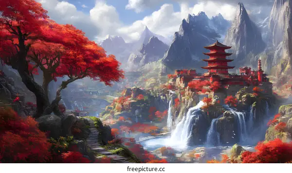 Red Pagoda Mountain Village Landscape Painting