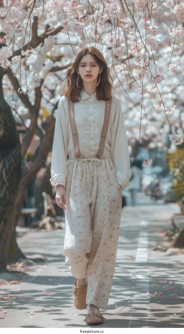A woman in a floral jumpsuit is walking down a street lined with cherry trees.