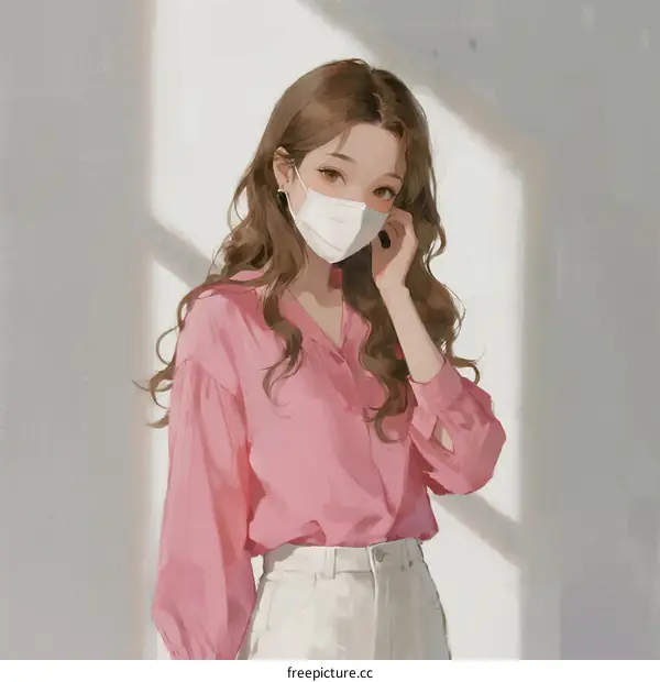 Young woman wearing pink blouse and white pants standing in bright room