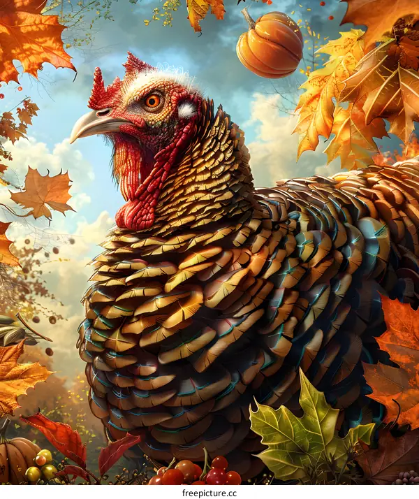 A turkey standing in a fall forest