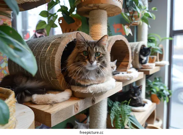 A ginger cat sitting on a wooden cat tree in a cafe