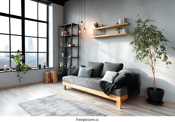 Modern Living Room with Large Windows and Greenery