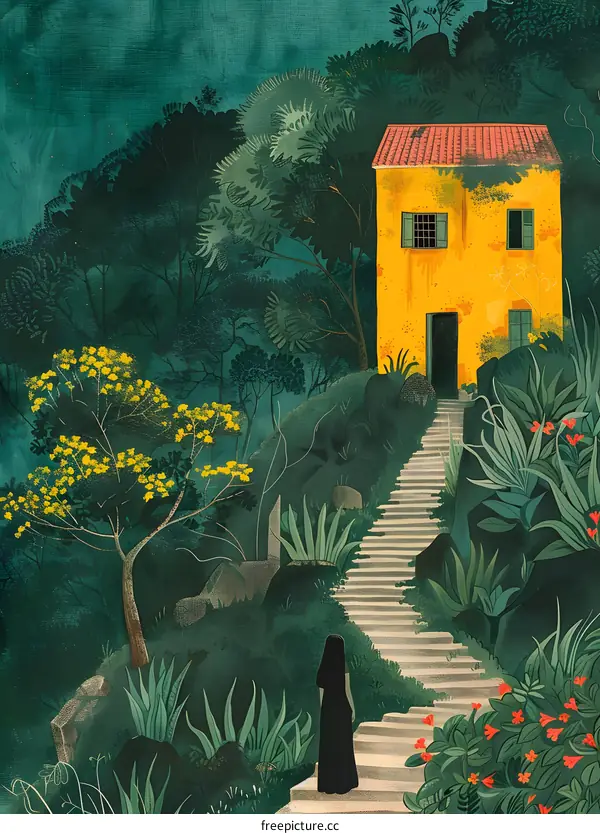 A nun walks up the stairs to a house in the jungle