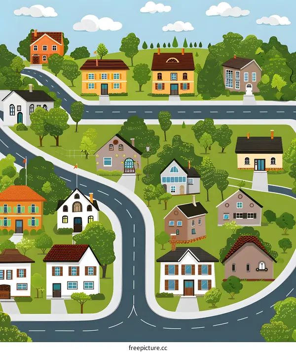 Cartoon Illustration of a Small Town with Houses and Trees