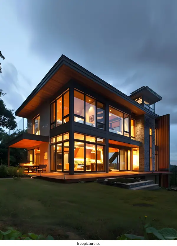 Modern House With Large Windows and Wooden Deck