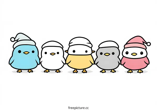 Five Cute Cartoon Birds Wearing Hats
