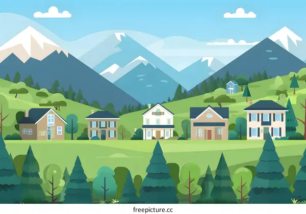 Mountain Village Landscape with Houses and Trees