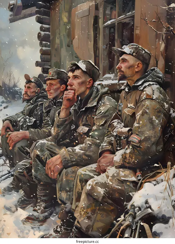 Four soldiers in winter camouflage uniforms are sitting on a snowy village street