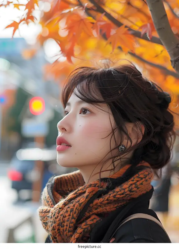 A young woman looking up at the colorful autumn leaves