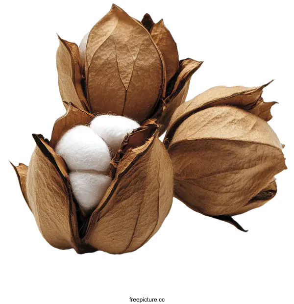 [Transparent Background PNG]Dried Cotton Pods with Fluffy White Cotton