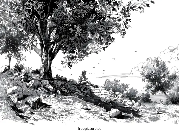 Black and White Illustration of a Man Sitting Under a Tree by the Sea