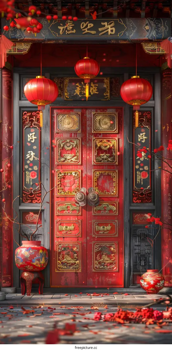Traditional Chinese Courtyard Gate with Red Lanterns