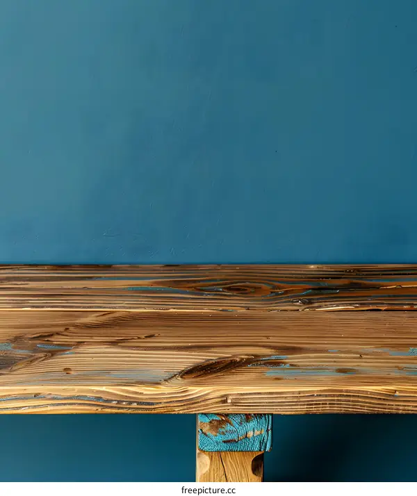 Rustic Wooden Shelf Against Teal Wall