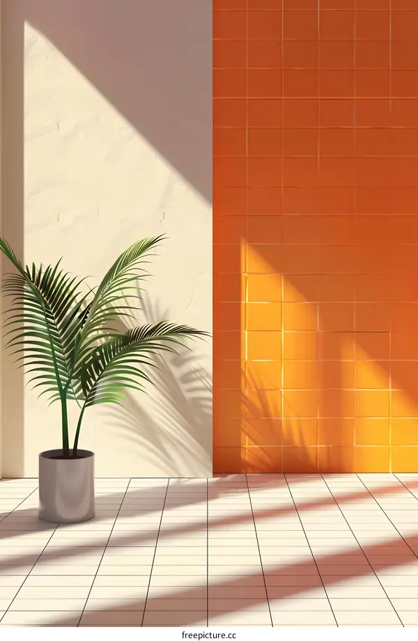 Minimalist Interior Design with Palm Plant and Orange Tiles