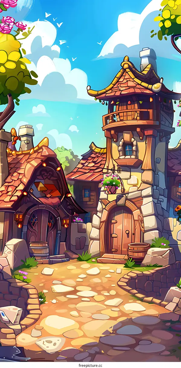 Fantasy Town Illustration with Stone Buildings and Cobblestone Path