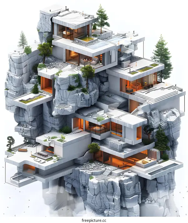 Futuristic stacked apartments with rocks and greenery