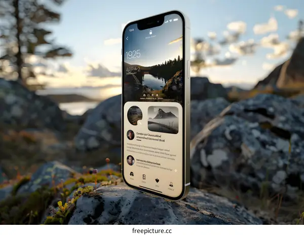 Smartphone on a Rock with a Beautiful Mountain View