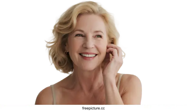 [Transparent Background PNG]Smiling Mature Woman with Blond Hair and Casual Attire