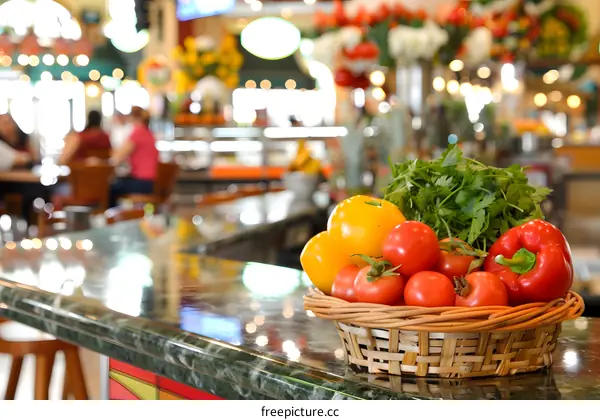 Fresh Vegetables in a Basket on a Countertop at a Cafe