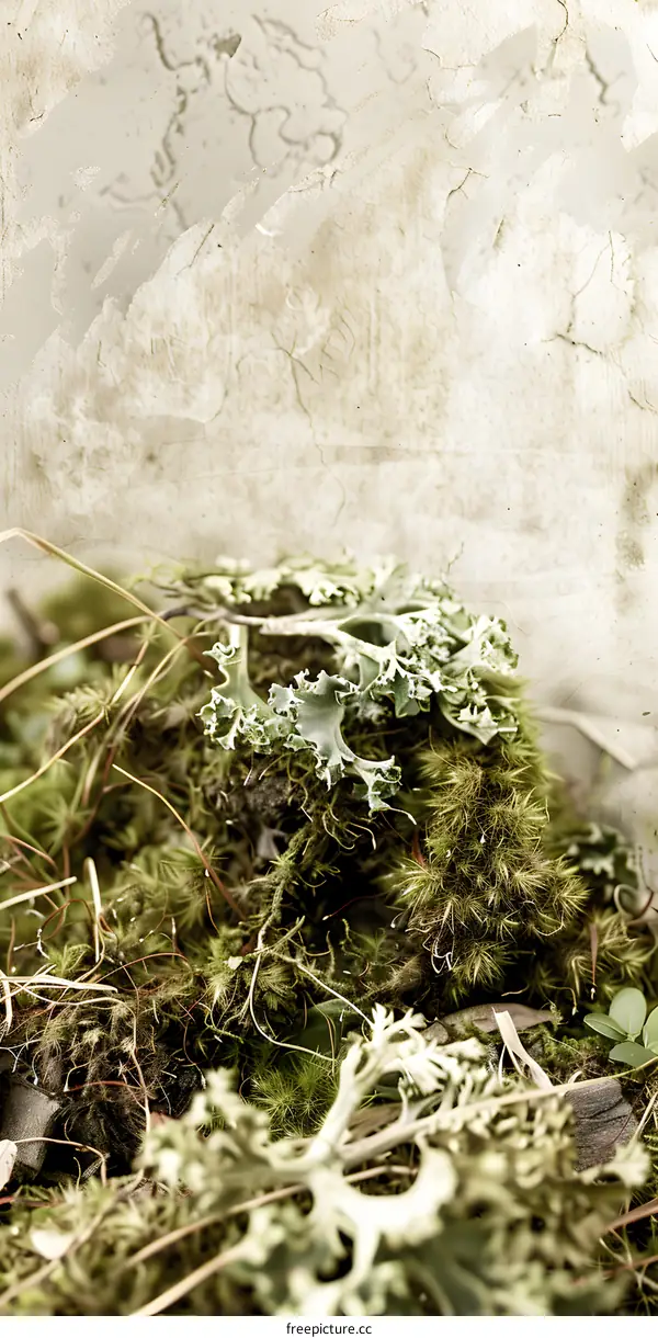 Close Up of Green Moss and Lichens on an Old Paper Background
