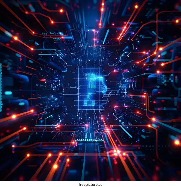 Blue glowing Bitcoin symbol in futuristic motherboard. Digital currency, blockchain and fintech concept.