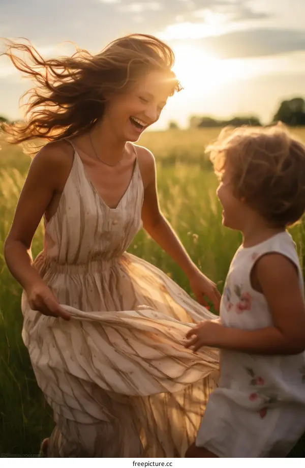 Mother and daughter laughing in a field of wheat