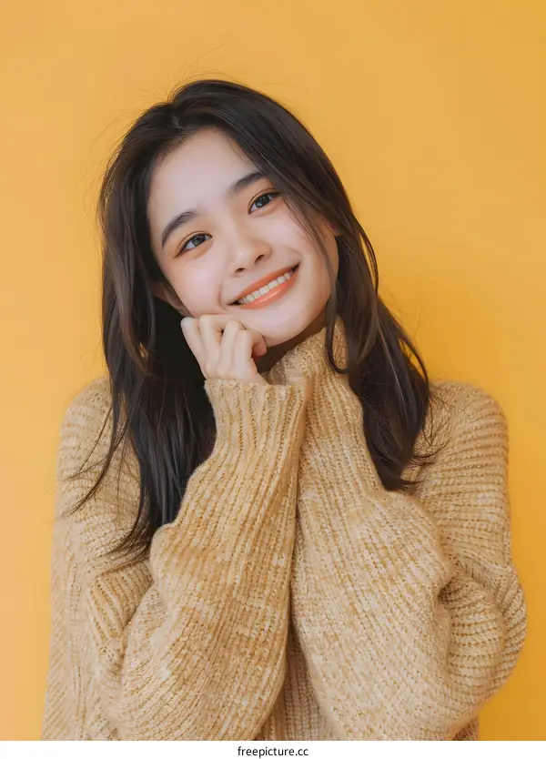 Smiling Asian Woman in a Brown Sweater