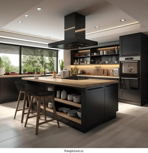 Modern Black Kitchen Island with Wooden Bar Stools