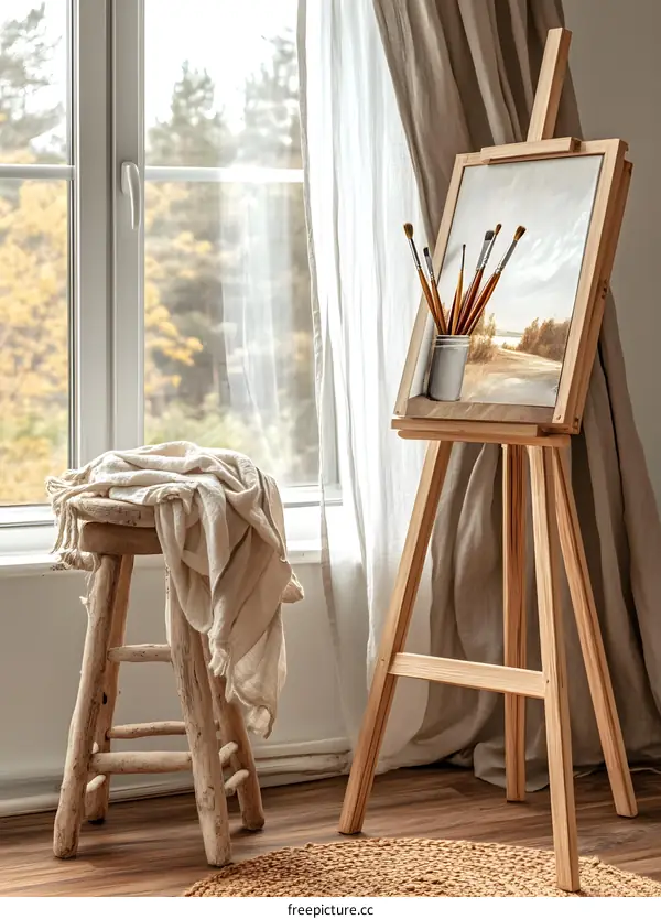 Wooden Easel with Painting in a Room by a Window